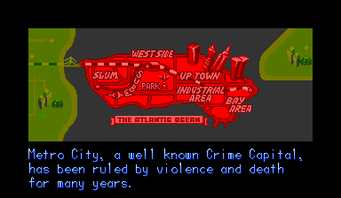 The opening cutscene sets the scene in Metro City, with the added English narration rendered natively on CPS-1.