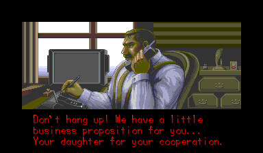 Haggar takes the kidnappers' call, their threat shown as an English caption.