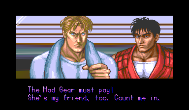 Cody and Guy resolve to take on Mad Gear, English dialogue captions and all.