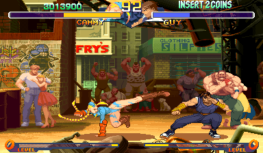 Cammy in action, landing a jumping kick on Guy.