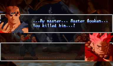 Ryu faces Akuma, in the scene the English script cut.