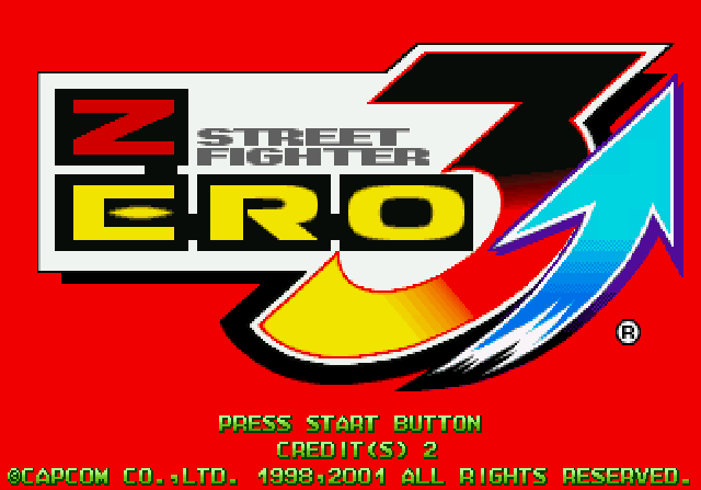 Japan region: The same patched disc on two BIOS regions. The game's own region-dependent title art shows Street Fighter Zero 3 on a Japanese board and Street Fighter Alpha 3 on a USA board. Note the U.S. copyright line under the American title.