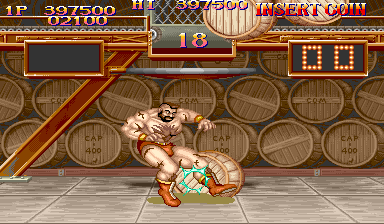 The falling barrels, at the original Super Street Fighter II speed.