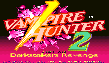 Original: Title screen. The arcade-native Night Warriors 2 logo, completed from the unused Western title path in the original ROM.